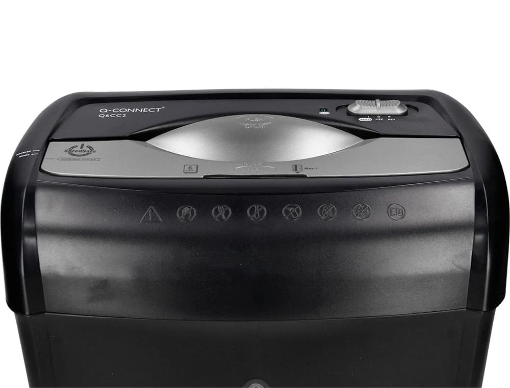 Destructora de documentos q-connect kf17970 capacidad de corte 6 h destruye grapas clips y tarjetas papelera 14l