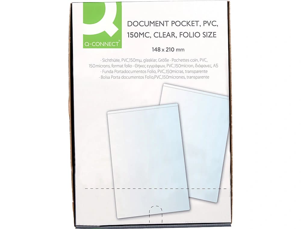 Funda portadocumento q-connect din a5 150 micras pvc transparente con uñero 148x210 mm