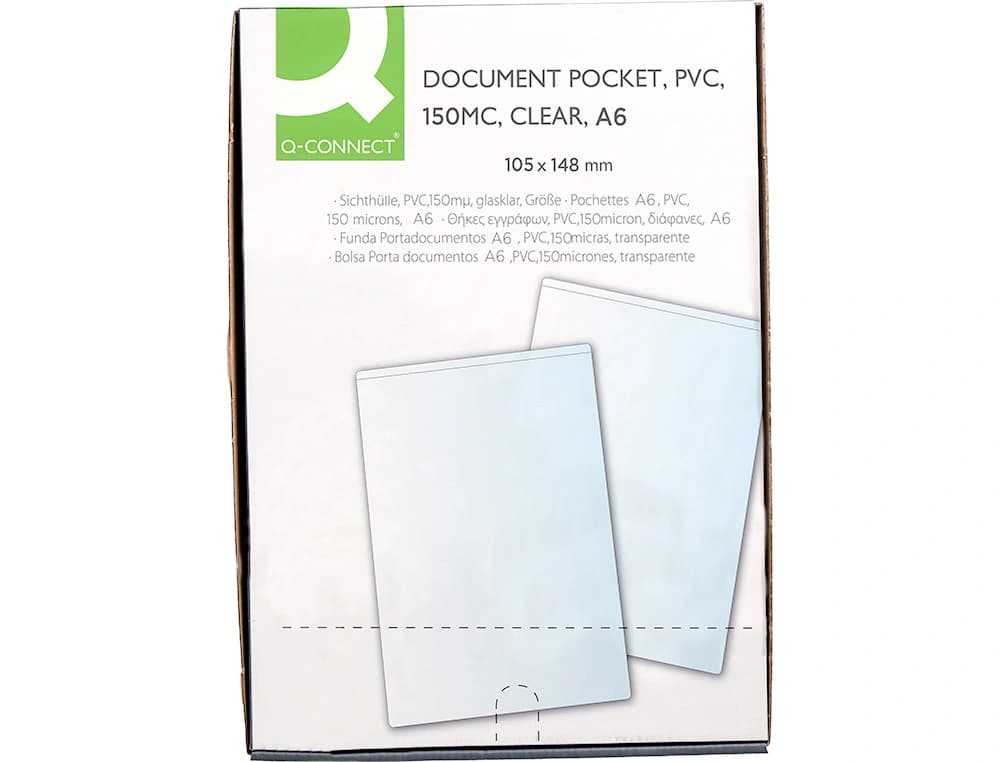 Funda portadocumento q-connect din a6 150 micras pvc transparente con uñero 105x148 mm