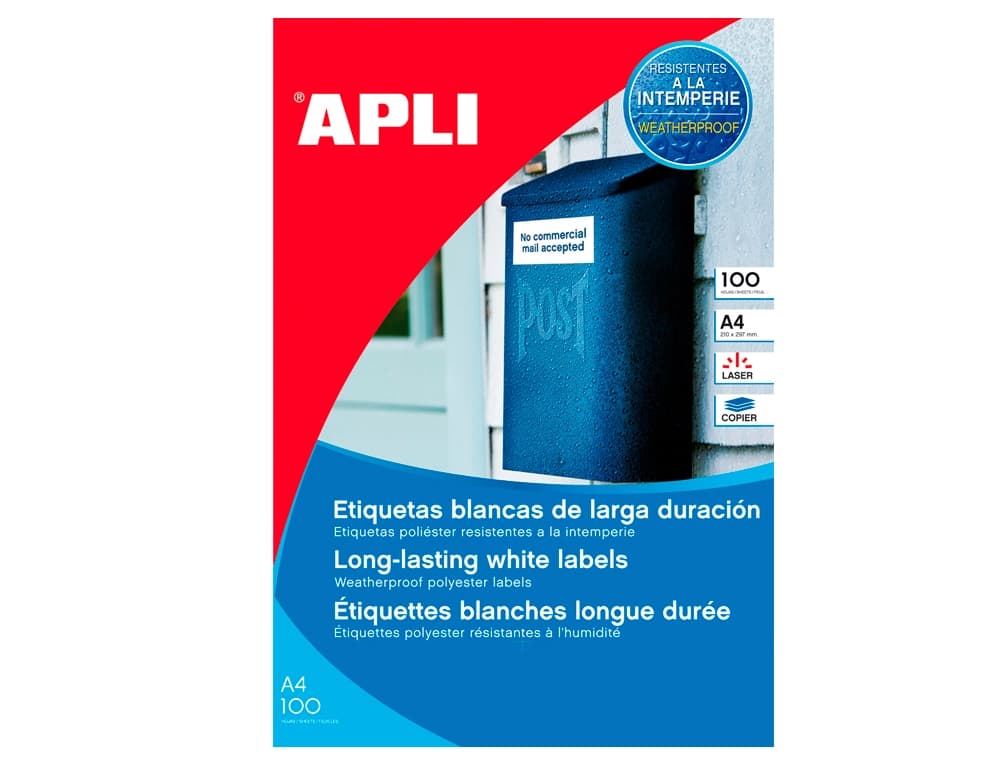 Etiqueta adhesiva apli poliester 210x297 mm resistente a la interperie laser pack de 100 hojas
