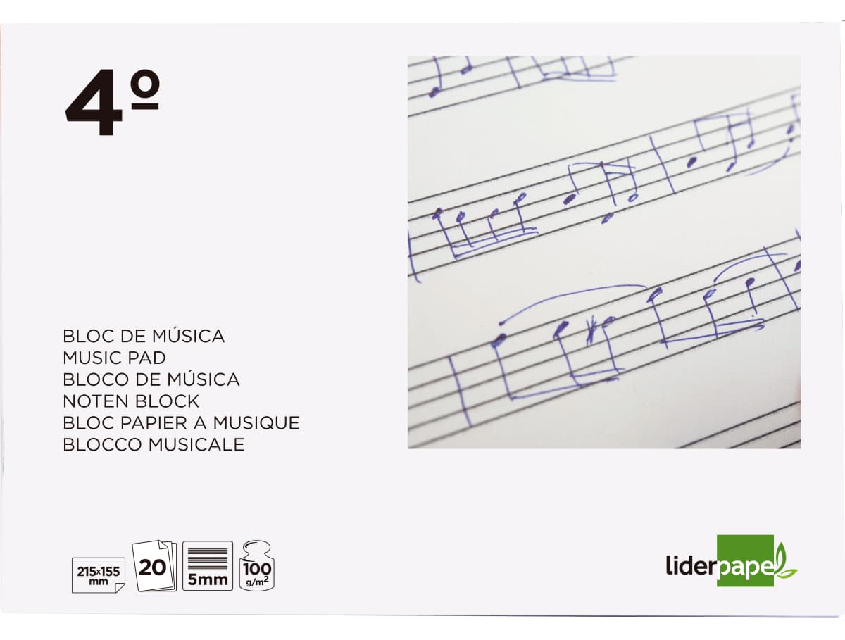 Bloc musica liderpapel pentagrama 5mm cuarto 20 hojas 100g/m2 grapado