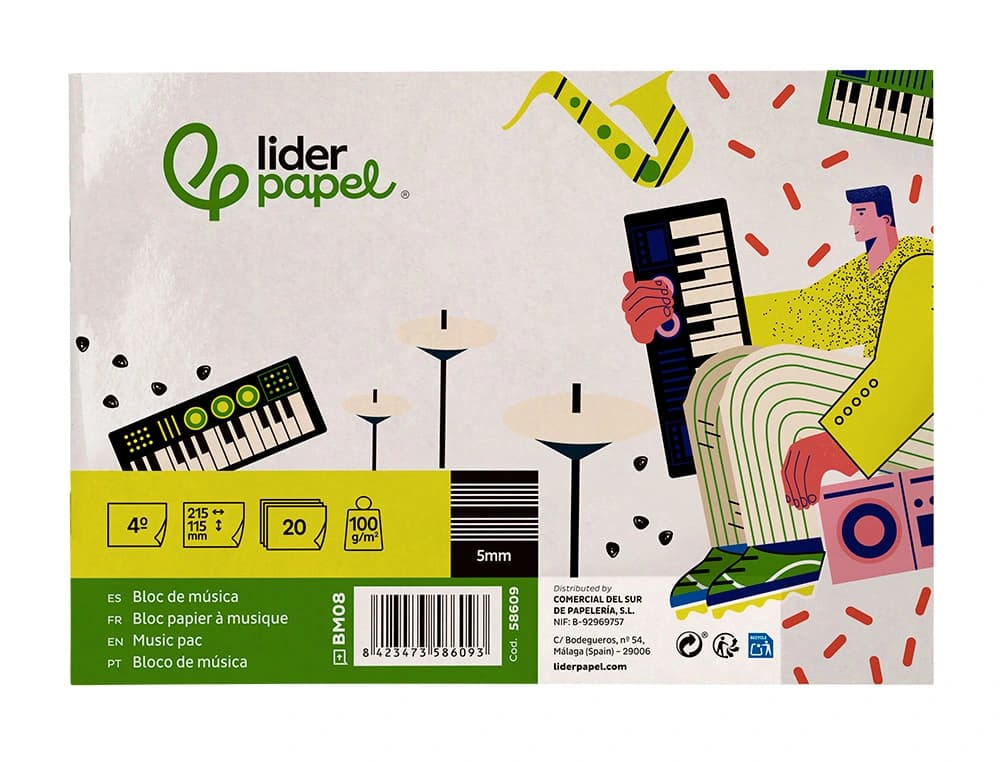 Bloc musica liderpapel pentagrama 5mm cuarto 20 hojas 100g/m2 grapado