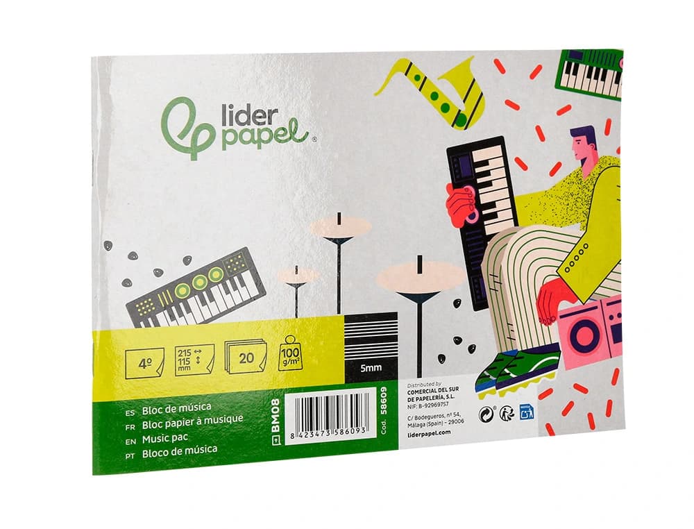 Bloc musica liderpapel pentagrama 5mm cuarto 20 hojas 100g/m2 grapado