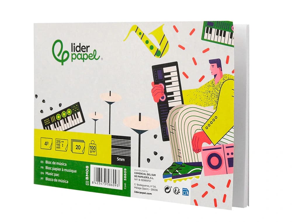 Bloc musica liderpapel pentagrama 5mm cuarto 20 hojas 100g/m2 grapado