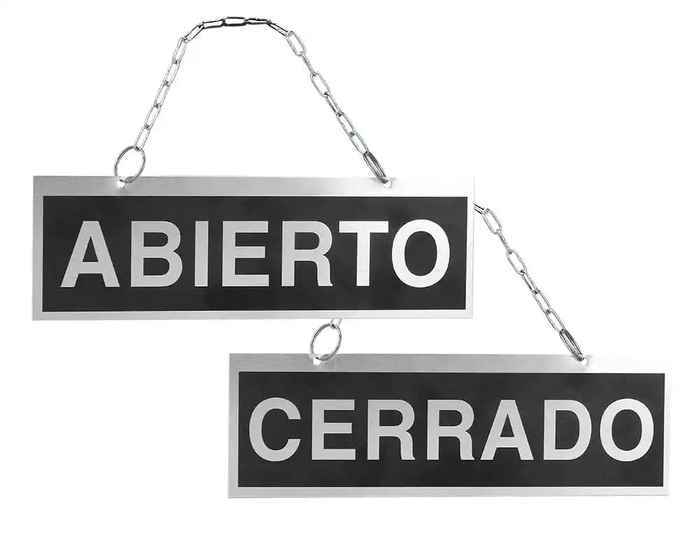 Blanca Letrero de aluminio serigrafiado abierto y cerrado con cadena y ventosa para colgar 232x74 mm