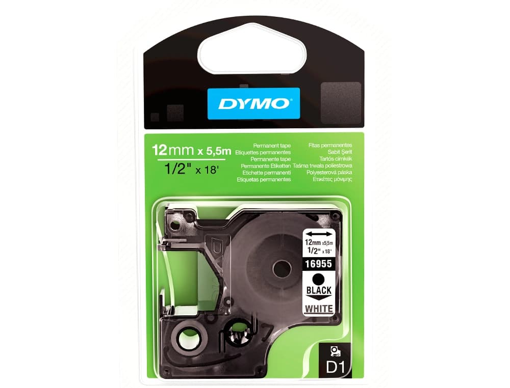 Cinta dymo negro blanco 12mm x 5,5 m d1 polyester adhesivo permanente
