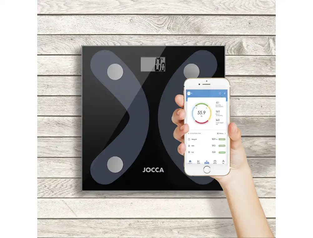 Bascula inteligente jocca de vidrio templado con bluetooth mide peso grasa agua hasta 8 usuarios capacidad hasta 180 kg