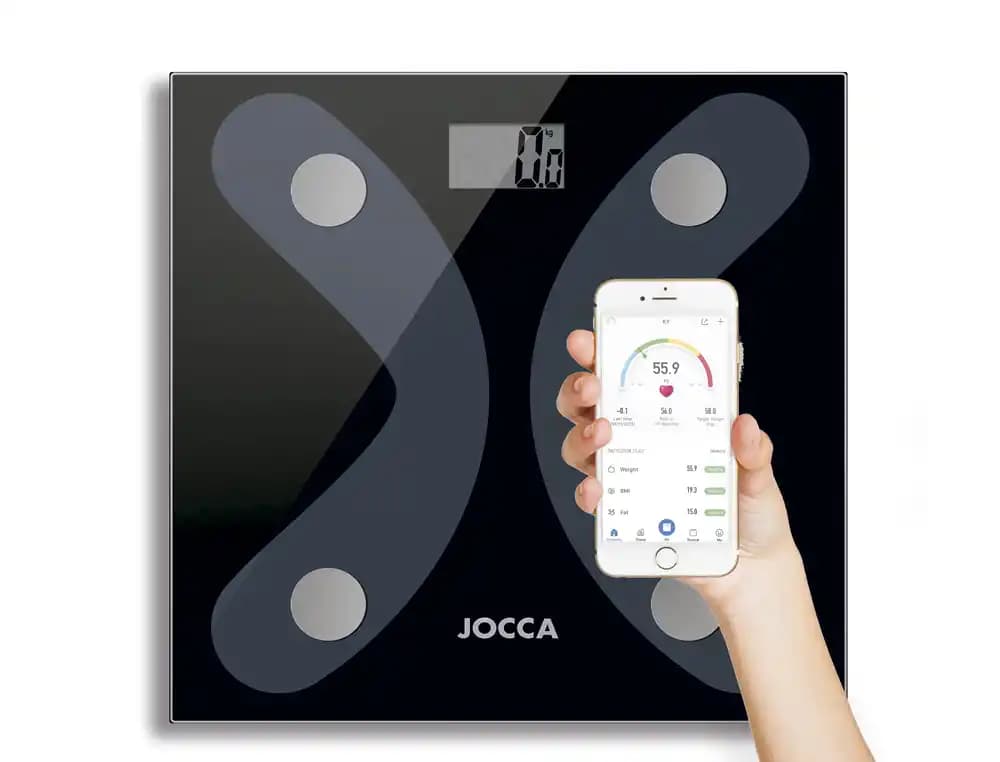 Bascula inteligente jocca de vidrio templado con bluetooth mide peso grasa agua hasta 8 usuarios capacidad hasta 180 kg