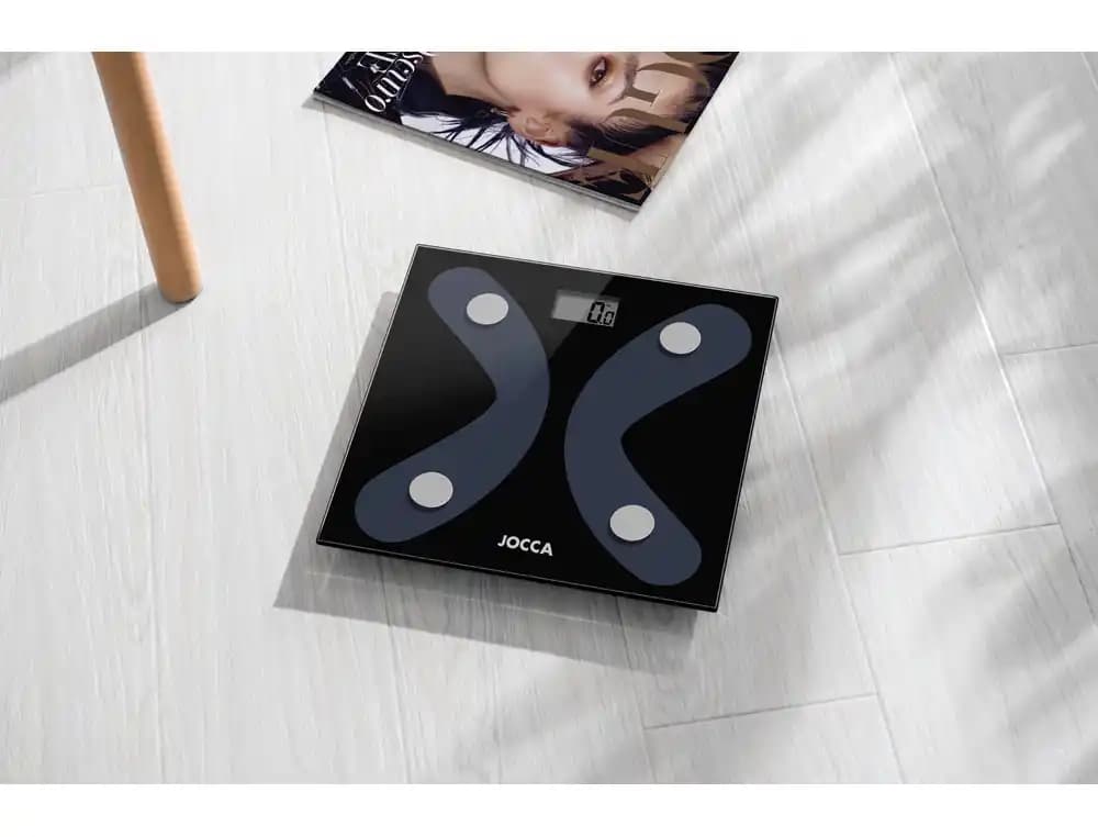 Bascula inteligente jocca de vidrio templado con bluetooth mide peso grasa agua hasta 8 usuarios capacidad hasta 180 kg
