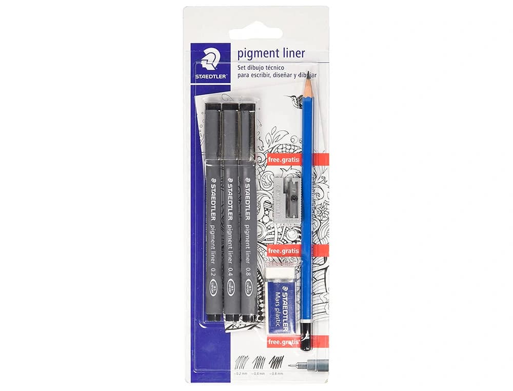 Rotulador staedtler calibrado micrometrico 308 negro blister de 3 und + goma lapiz y sacapuntas de regalo