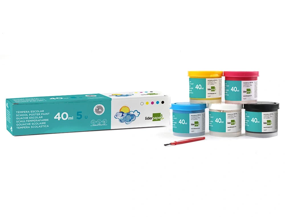 Tempera escolar liderpapel 40 ml caja colores surtidos con pincel
