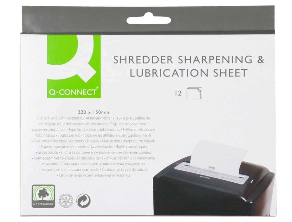 Hojas lubricantes y afiladoras q-connect para destructora paquete de 12 hojas tamaño 220x150 mm