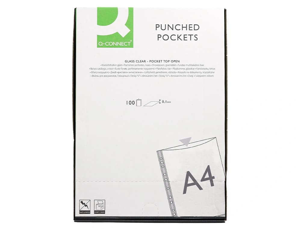 Funda multitaladro q-connect din a4 100 mc cristal caja de 100 unidades