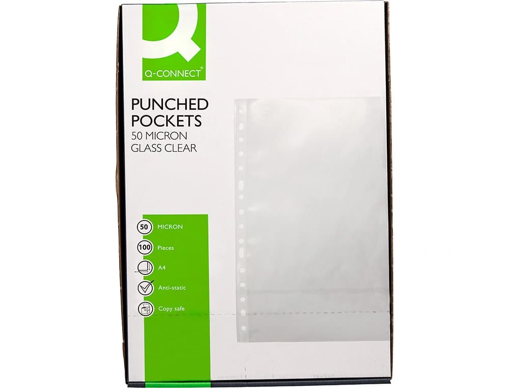 Funda multitaladro q-connect din a4 50 mc cristal caja de 100 unidades