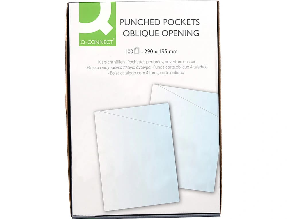 Funda protectora q-connect corte oblicuo 290x195 cristal sin taladros pvc 90mc caja de 100 unidades