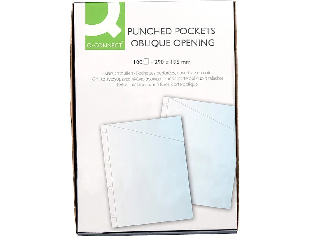 Funda q-connect corte oblicuo 290x195 mm cristal 4 taladros pvc 90 mc caja de 100 unidades