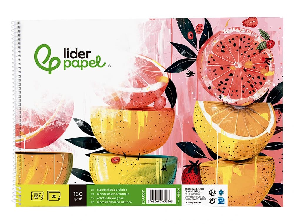 Bloc dibujo liderpapel artistico espiral 230x325mm 20 hojas 130g/m2 sin recuadro sin microperforado