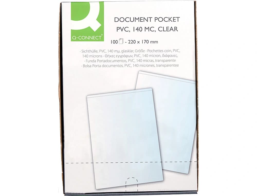 Funda portacarnet q-connect cuarto 140 micras pvc transparente 220x170mm