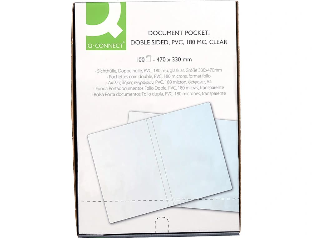 Funda portadocumento q-connect folio doble 180 micras pvc transparente 330x470mm
