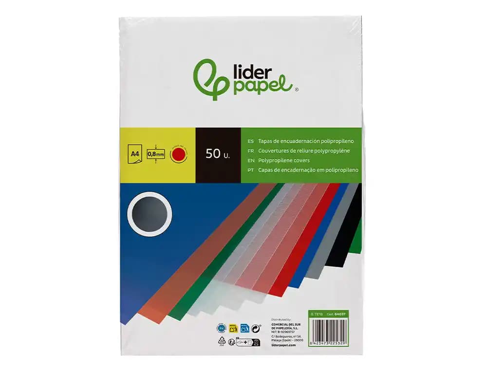 Tapa encuadernacion liderpapel polipropileno a4 0.8mm opaco paquete de 50 unidades