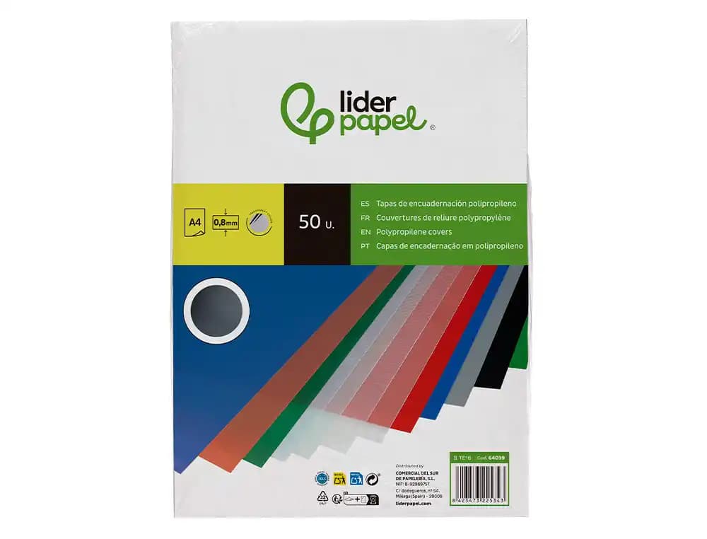 Tapa encuadernacion liderpapel polipropileno a4 0.8mm opaco paquete de 50 unidades