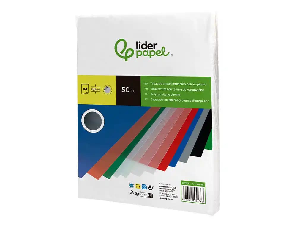 Tapa encuadernacion liderpapel polipropileno a4 0.8mm opaco paquete de 50 unidades