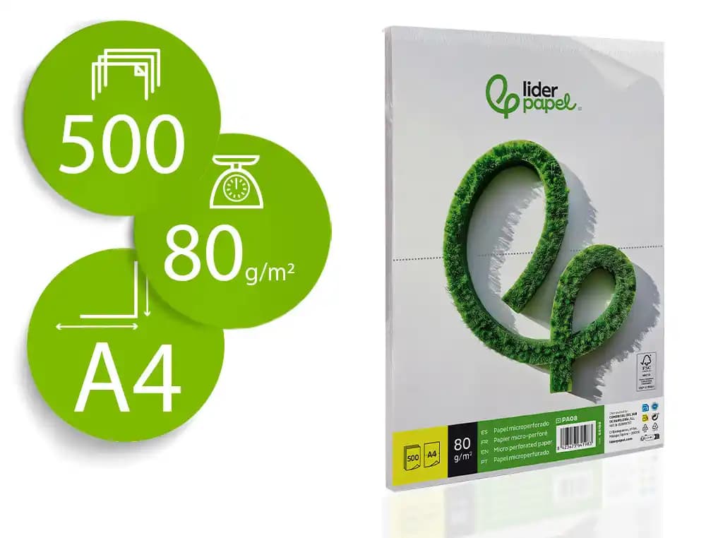 Liderpapel Papel liderpapel a4 80g/m2 liso microperforado en dos partes iguales paquete de 500 hojas