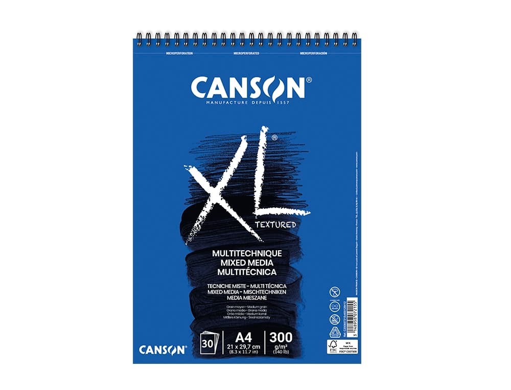 Bloc dibujo acuarela canson xl mix media grano medio din a4 microperforado espiral 21x29,7 cm 30 hojas 300 gr/m2
