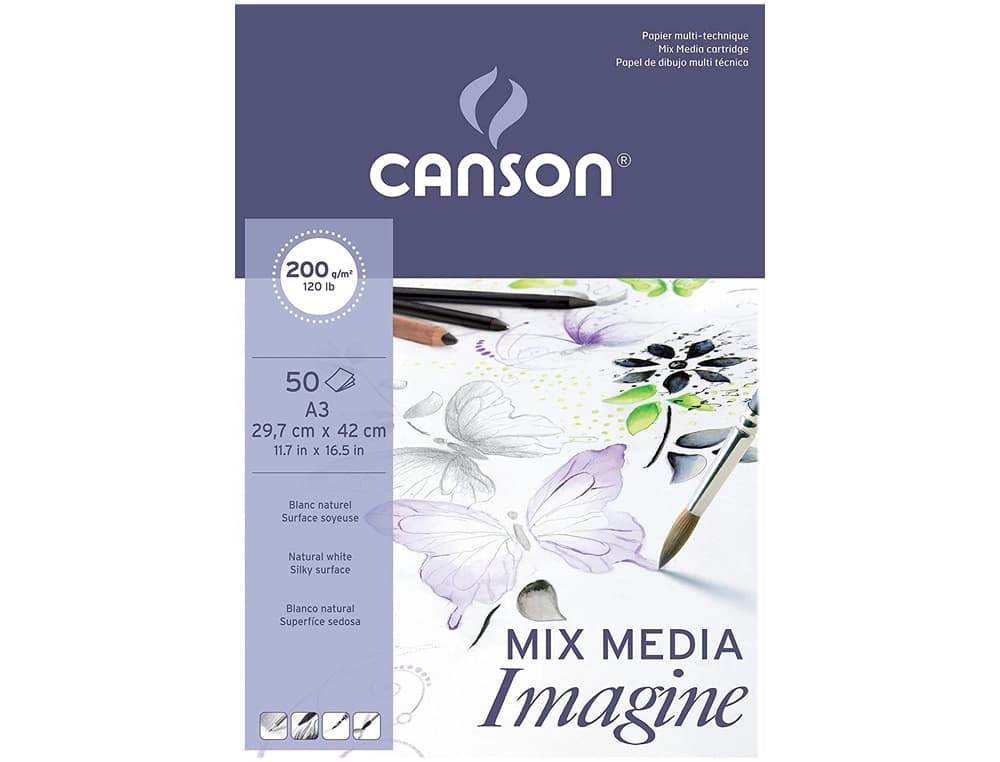 Bloc dibujo multitecnicas canson imagine din a3 encolado liso 29,7x42 cm 50 hojas 200 gr/m2