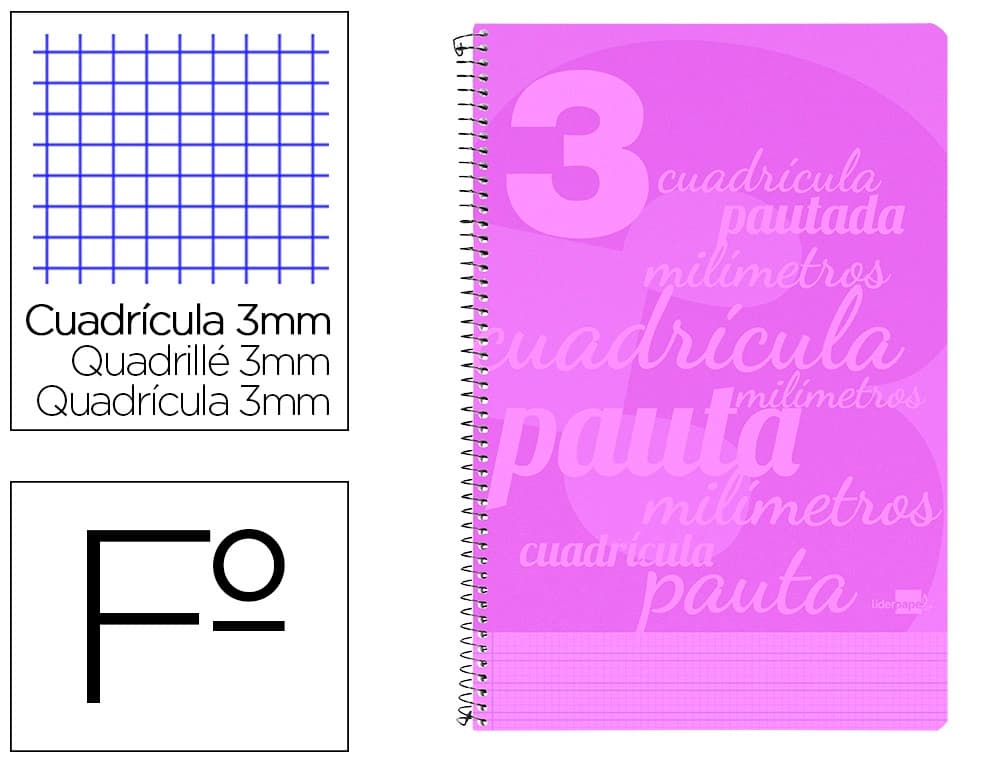 Liderpapel Cuaderno espiral liderpapel folio pautaguia tapa plastico 80h 75gr cuadro pautado 3mm con margen color violeta