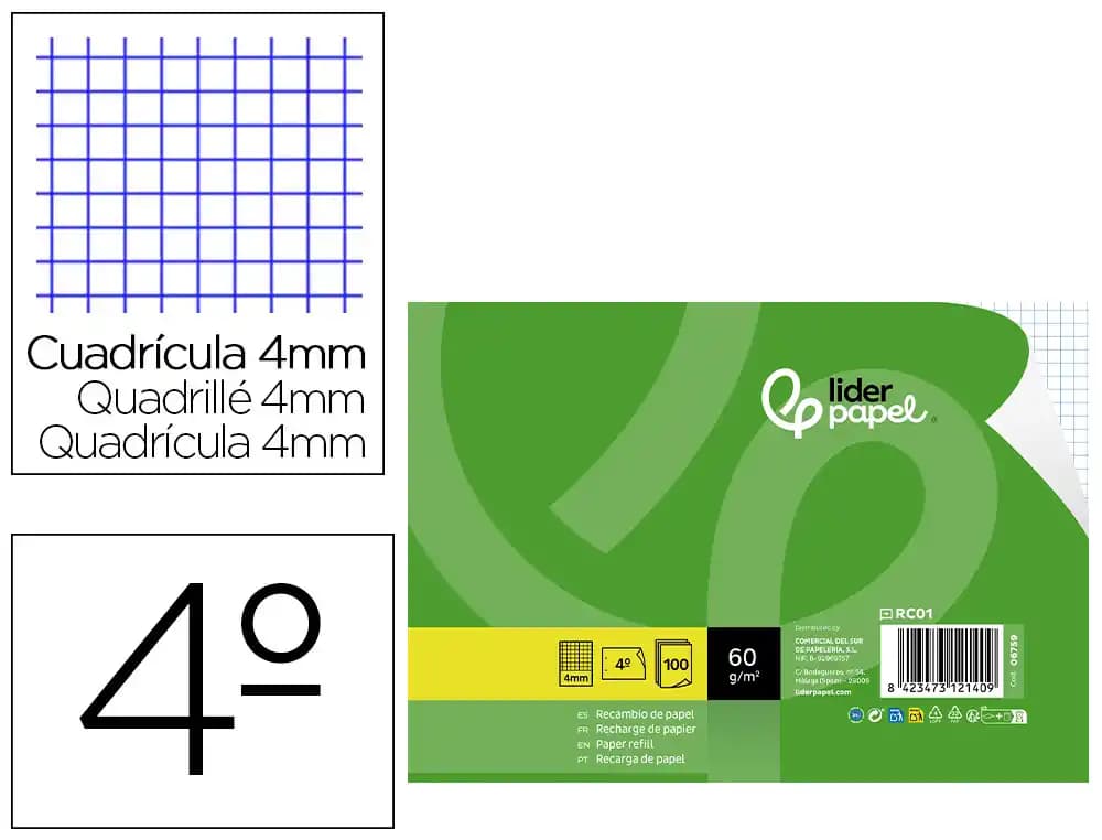 Recambio Liderpapel apaisado de 100 hojas, cuadro de 4 mm con margen y 2 taladros – Cuarto · 60g
