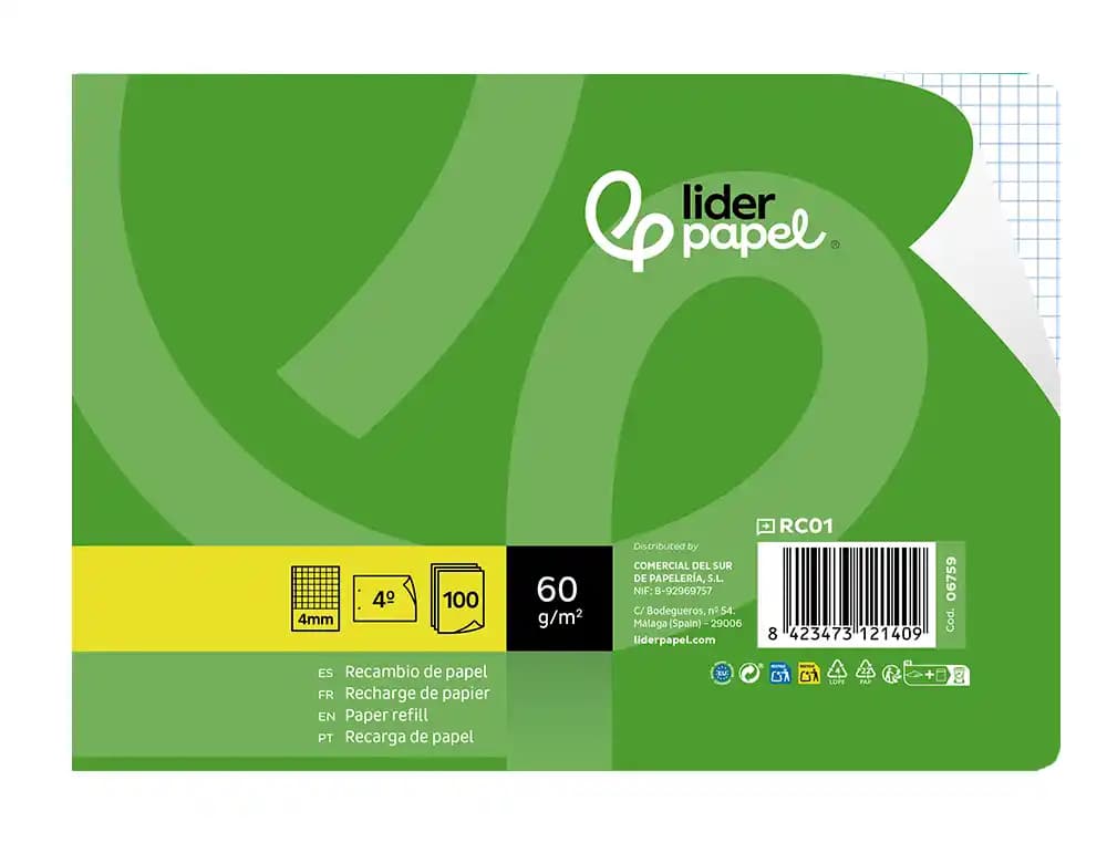 Recambio liderpapel cuarto apaisado 100 hojas 60gr cuadro 4 mm 2 taladros con margen