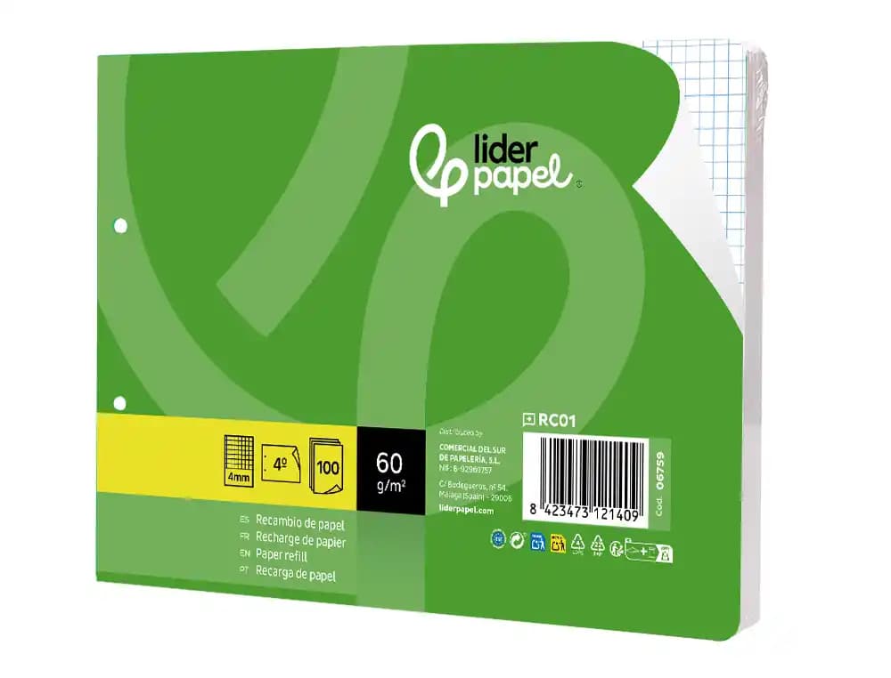 Recambio liderpapel cuarto apaisado 100 hojas 60gr cuadro 4 mm 2 taladros con margen