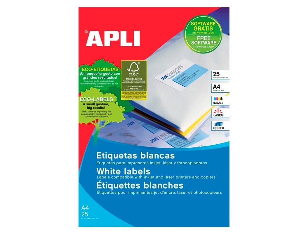 Etiqueta adhesiva apli 1215 210x297 mm para fotocopiadora laser ink-jet caja con 25 hojas