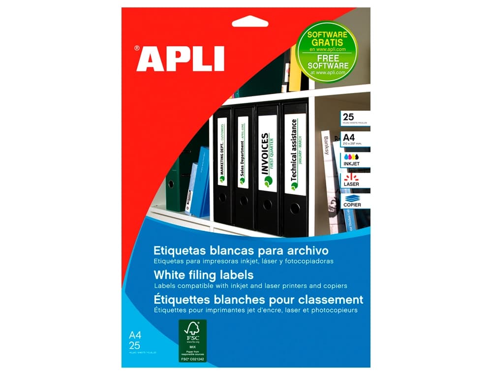 Etiqueta adhesiva apli 1233 tamaño 190x61 mm para fotocopiadora laser ink-jet caja 25 hojas con 100