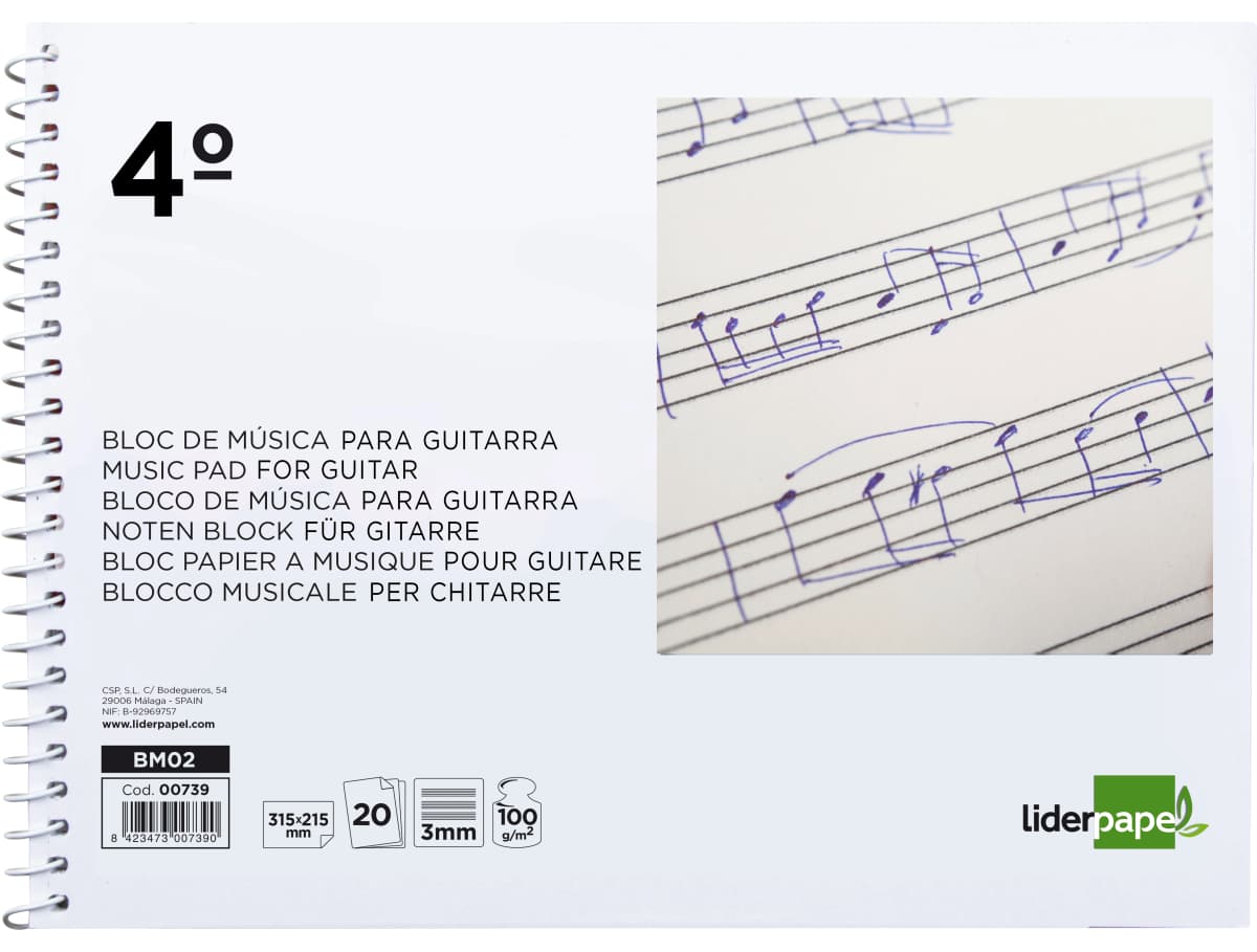 Bloc musica liderpapel para guitarra hexagrama 3 mm cuarto 20 hojas 100g/m2