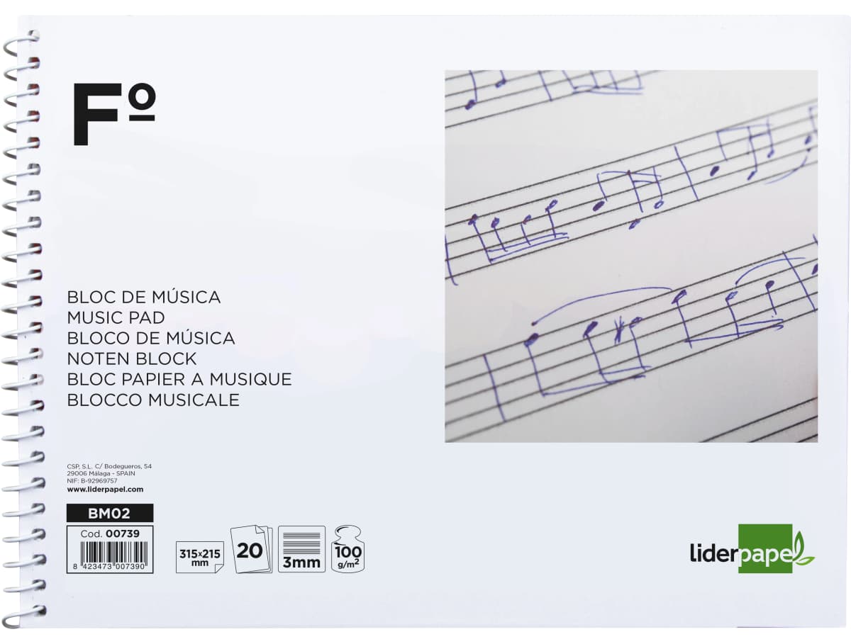 Bloc musica liderpapel pentagrama 3mm folio apaisado 20 hojas 100g/m2
