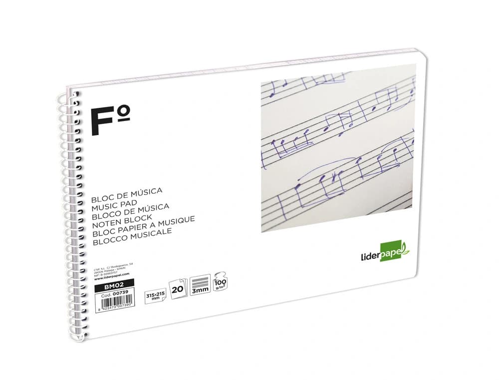 Bloc musica liderpapel pentagrama 3mm folio apaisado 20 hojas 100g/m2