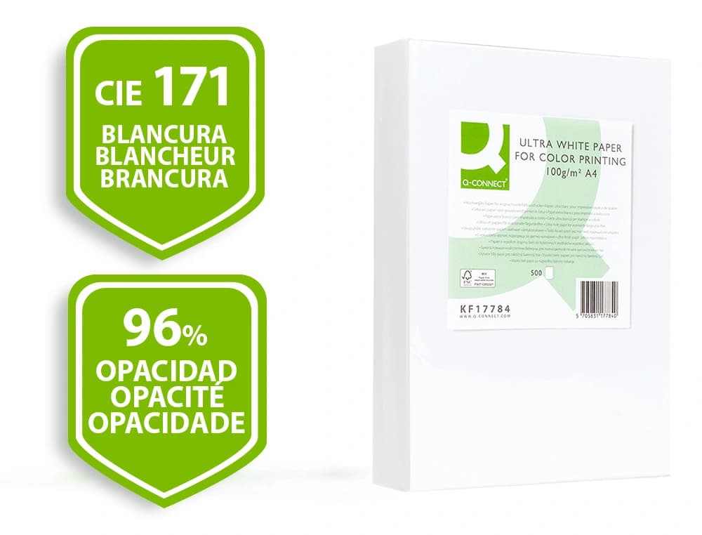 Papel fotocopiadora q-connect ultra white 100 gramos paquete de 500 hojas