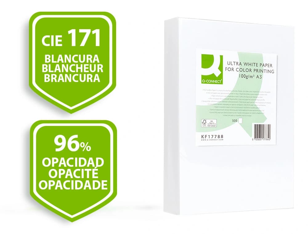 Papel fotocopiadora q-connect ultra white 100 gramos paquete de 500 hojas