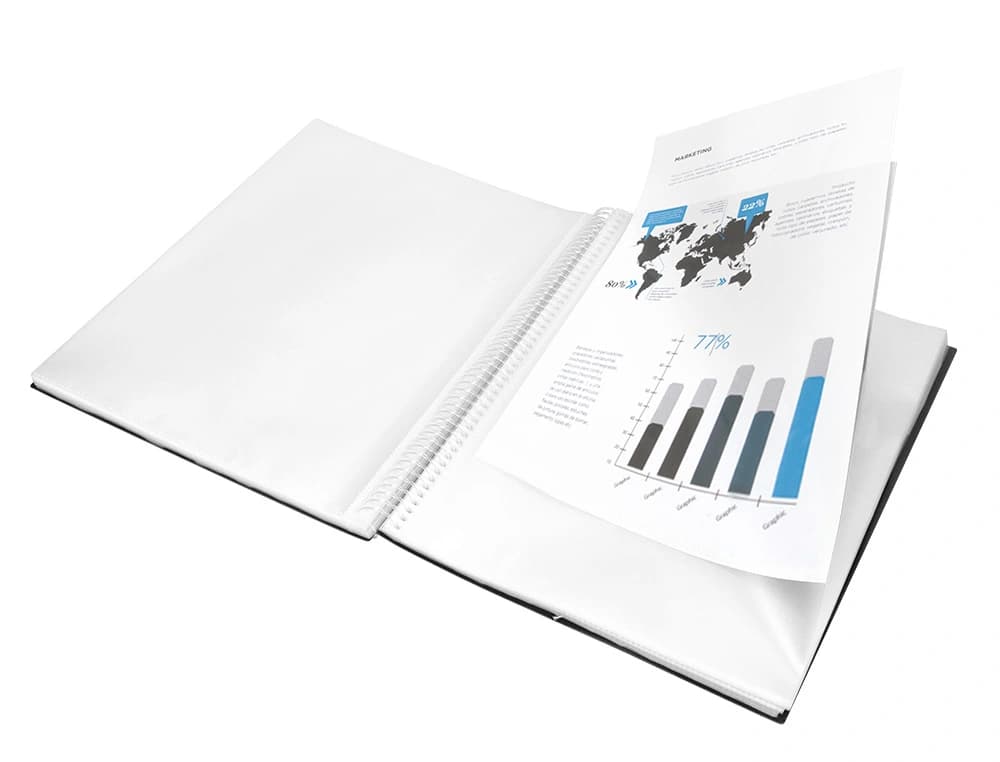 Carpeta escaparate Liderpapel A4 de polipropileno con espiral y 80 fundas, cierre con gomilla – Negro