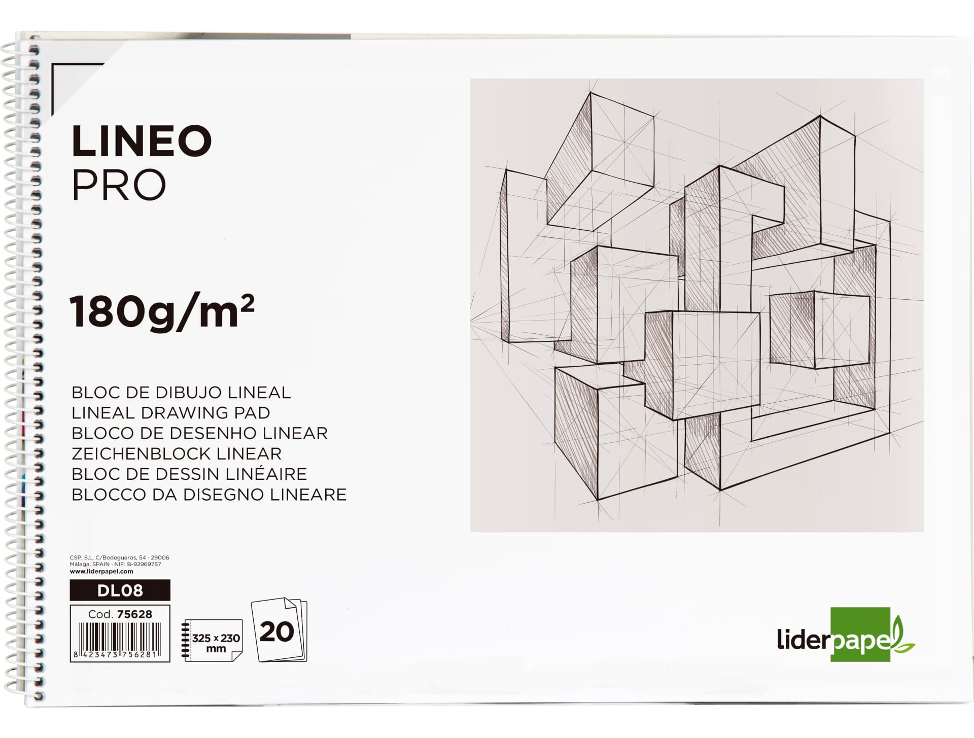 Bloc dibujo liderpapel lineal espiral 230x325mm 20 hojas 180 gr/m2 con recuadro perforado