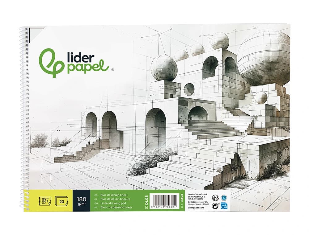 Bloc dibujo liderpapel lineal espiral 230x325mm 20 hojas 180 gr/m2 con recuadro perforado
