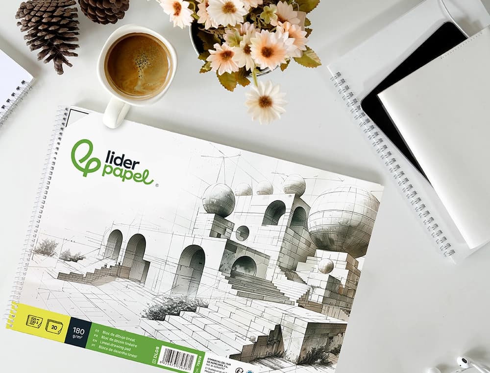 Bloc dibujo liderpapel lineal espiral 230x325mm 20 hojas 180 gr/m2 con recuadro perforado