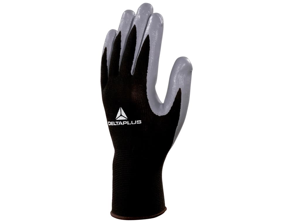 Guantes deltaplus de punto poliester palma de nitrilo especial para mecanica grasas aceites negro-gris talla 7