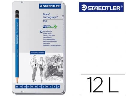 Staedtler Caja metálica de 12 lápices de grafito Staedtler Mars Lumograph 100, de 8B a 2H