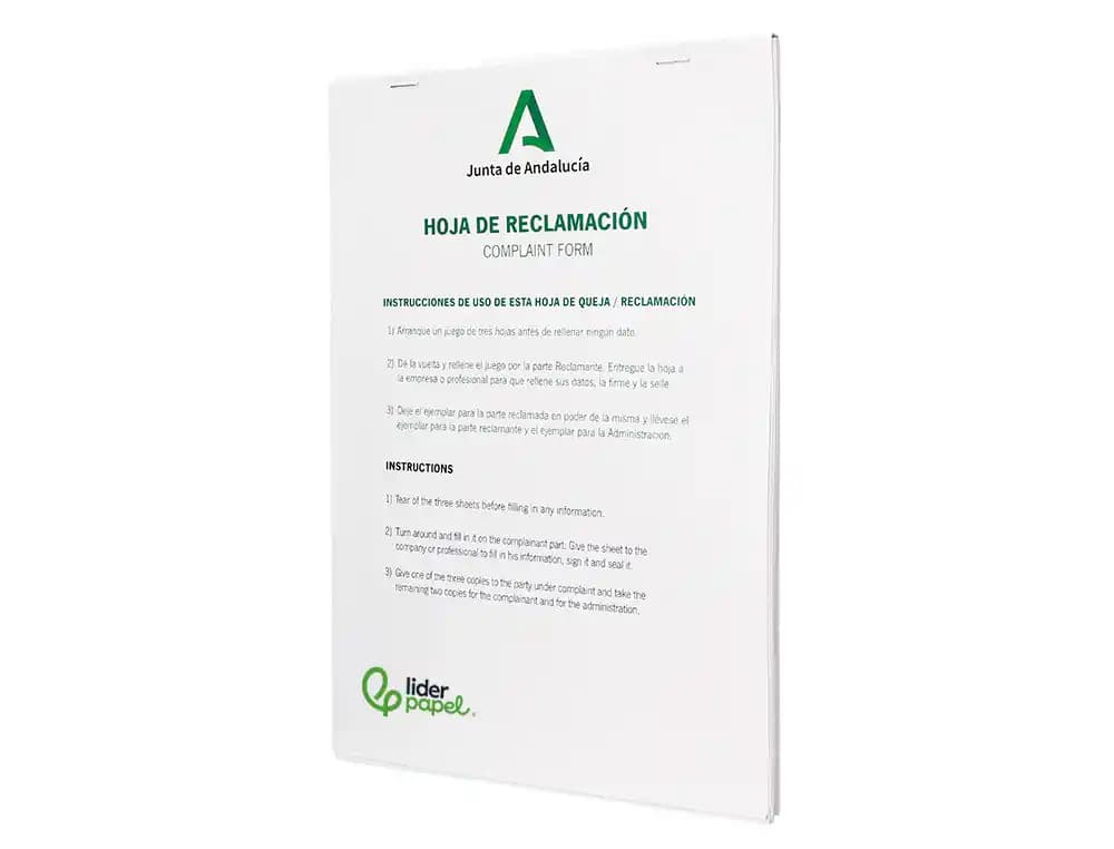 Libro liderpapel hojas de reclamaciones junta de andalucia din a4 24 juegos original + 2 copias