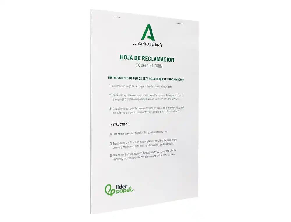 Libro liderpapel hojas de reclamaciones junta de andalucia din a4 24 juegos original + 2 copias