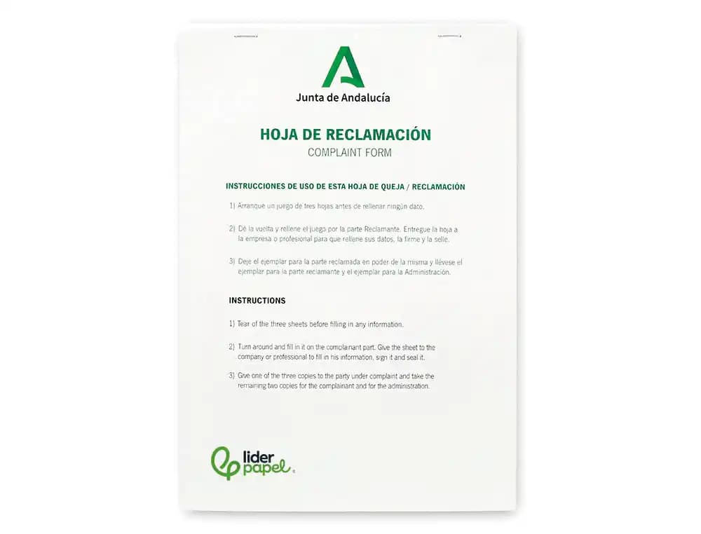 Libro liderpapel hojas de reclamaciones junta de andalucia din a4 24 juegos original + 2 copias