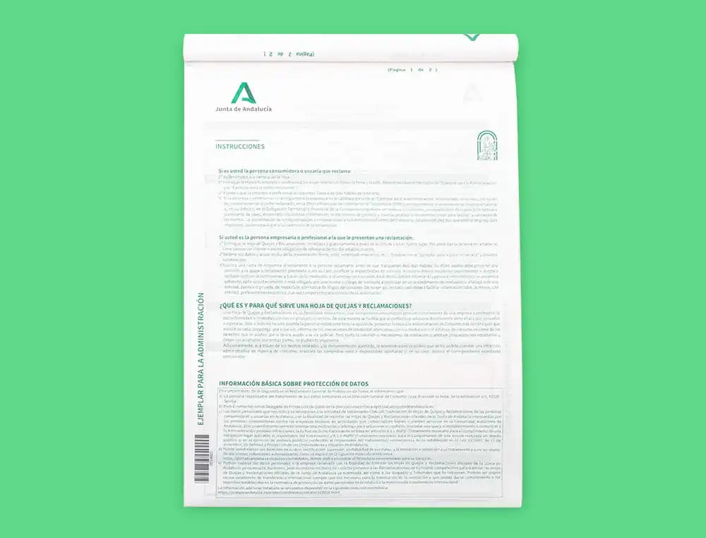 Libro liderpapel hojas de reclamaciones junta de andalucia din a4 24 juegos original + 2 copias